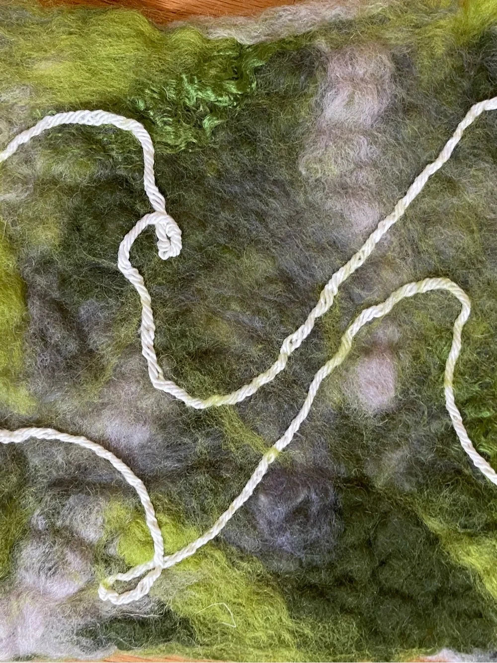 Olive Green and Gray Felted Merino Wool Scarf with White Embellished Yarns